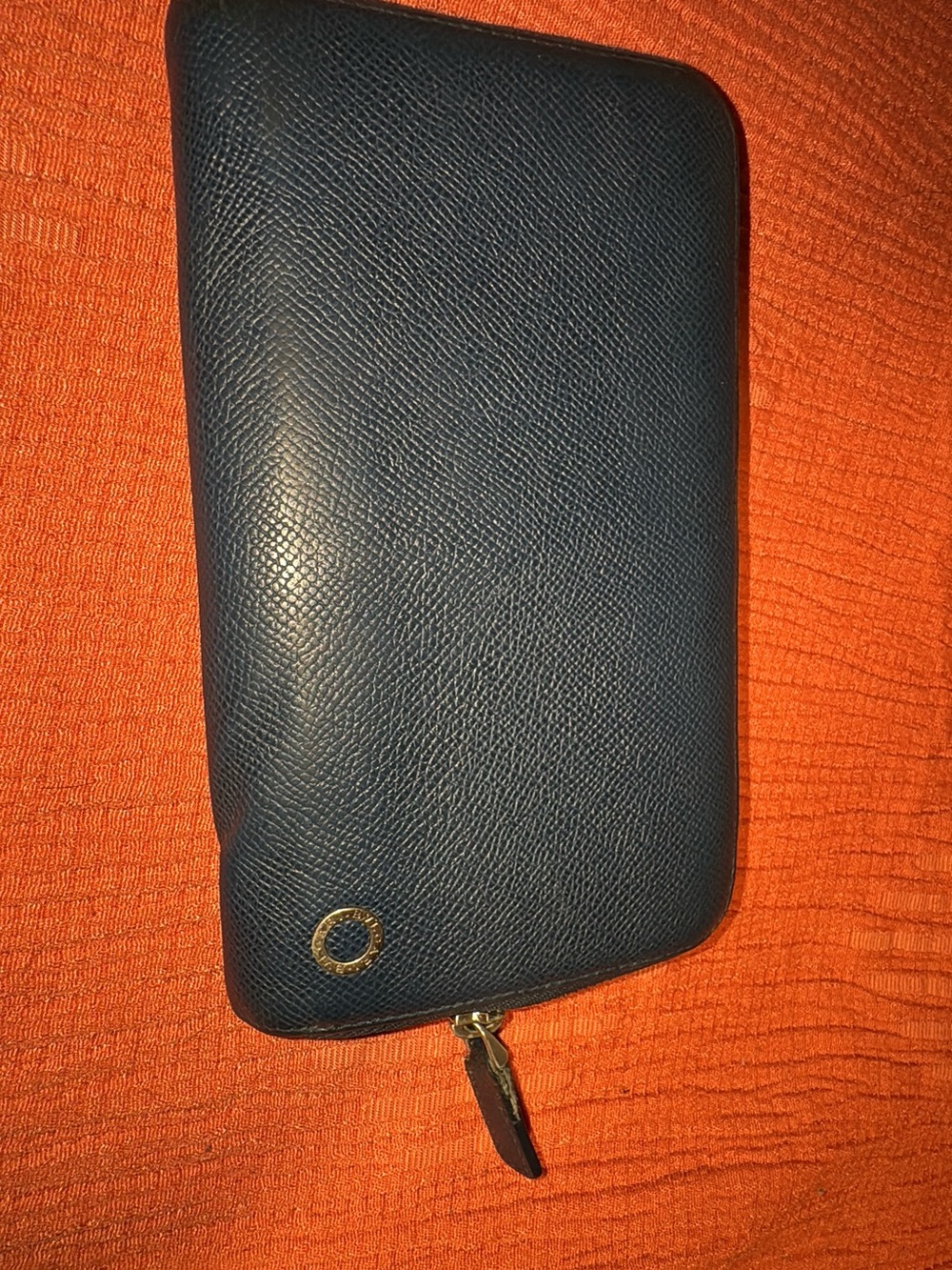 Bulgari Navy Blue Leather Zip-Around Wallet